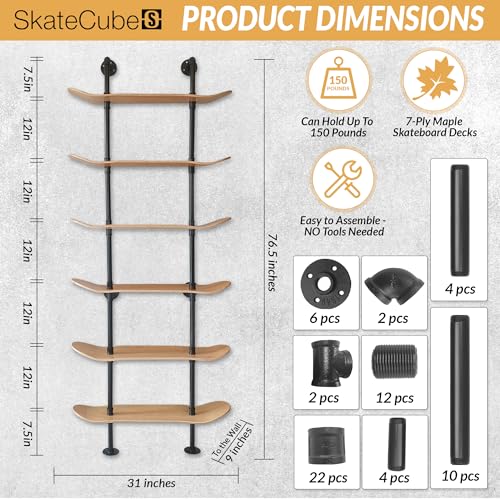 Industrial Pipe Bookcase, 6 Tier Shelf, Natural Wood Stain Finish - size: 6 Tier Shelf