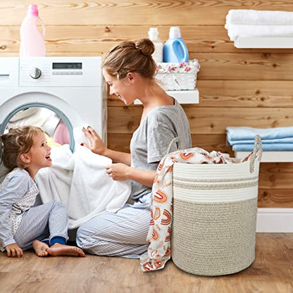 XUANGUO Cotton Rope Laundry Basket Hamper for Clothes Large Brown and White - color: brown and white, size: Regular