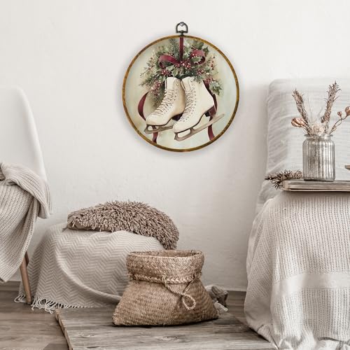XPH Vintage Christmas Ice Skates Round Wall Art Framed, Christmas Skating Circle Wall Decor, Rustic Xmas Cozy Winter Holiday Hanging Canvas Prints for Home Bedroom Living Room Decoration, 10x10 Inch - color: Christmas 08