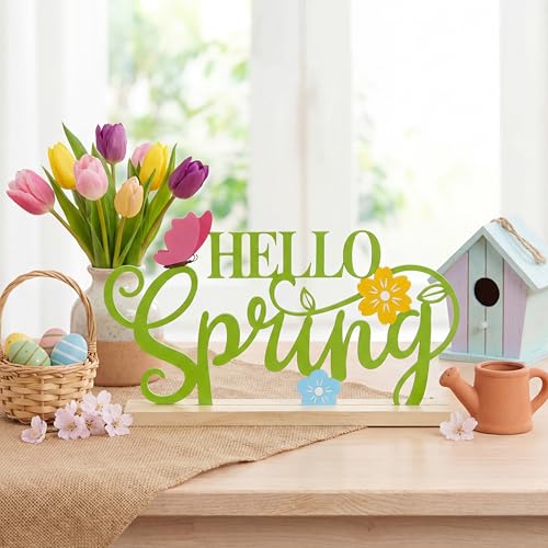 Roowest Metal Hello Spring Table Decor Sign with Wooden Base - style: Spring