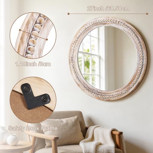 27 Inch Wooden Round Beaded Wall Mirror,Farmhouse Wood Round Mirror - color: Natural