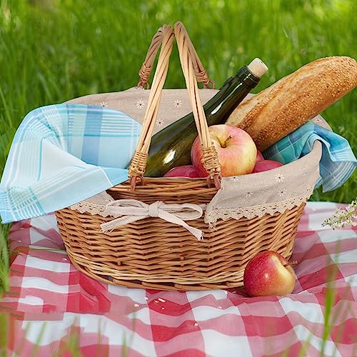 Large Multipurpose Wicker Basket with Handle, 14.2 x 11 x 6.7 in Wicker Picnic Basket with Liner, Empty Gift Basket, Oval Willow Woven Basket for Fruit, Wine, Gathering, Wedding, Picnic, by GNIEMCKIN - size: 1 PCS Large Circular vine