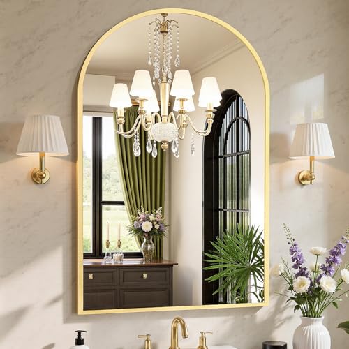 Sweetcrispy 26.5"x38" Arched Gold Bathroom Mirrors for Wall - color: Gold, size: 38"L x 26.5"W