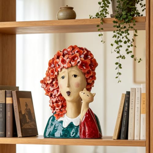 DiliComing Women-Head Statues for Home Decor 13 Inch Garden Statue - color: Women & Cat Red