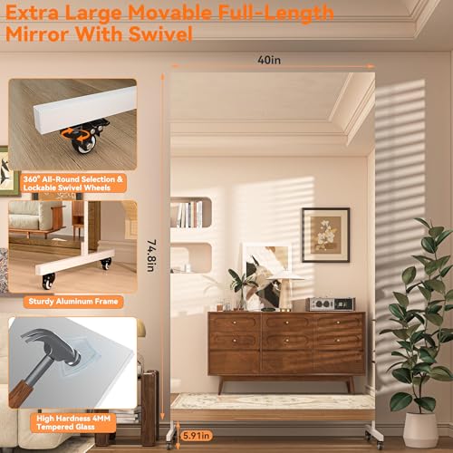 Hasipu 74.8" x 40" Extra Large Full Body Rolling Mirror, White - size: 74.8"L x 40"W