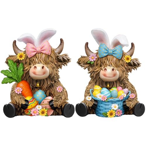 2 Pack Easter Highland Cow Figurine Decor, Resin Easter Decor - style: Easter