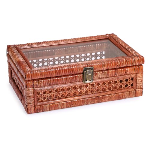 Hipiwe Rattan Display Box with Glass Lid Small Decorative Wicker Basket Box - color: Brown, size: Small,11"x7.1"x4"