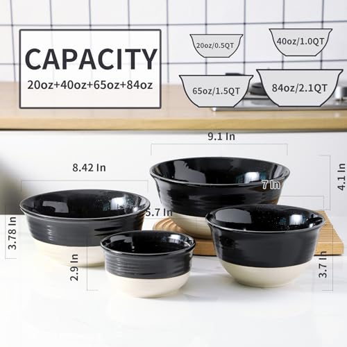 HASENSE Nesting Ceramic Mixing Bowls Set of 4, 2.5/1.5/1.0/0.5 Qt Black & Beige Stoneware Bowls, Farmhouse Bowls for Cooking, Baking, Fruit & Holiday Serving, Dishwasher & Microwave Safe - color: Black, size: 84+65+40+20 oz