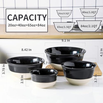 HASENSE Nesting Ceramic Mixing Bowls Set of 4, 2.5/1.5/1.0/0.5 Qt Black & Beige Stoneware Bowls, Farmhouse Bowls for Cooking, Baking, Fruit & Holiday Serving, Dishwasher & Microwave Safe - color: Black, size: 84+65+40+20 oz