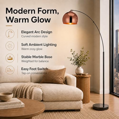 Teamson Home Arquer 66.93" Arc Floor Lamp for Living Rooms, Home Offices, Dining Rooms, Bedrooms with Faux Black Marble Base and Rose Gold Bell Shade - color: Rose Gold