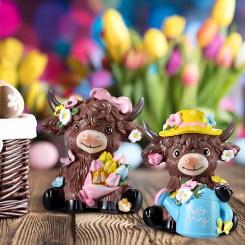 Karenhi 2 Pcs Highland Cow Figurines, Spring Floral Table Decor - style: Spring