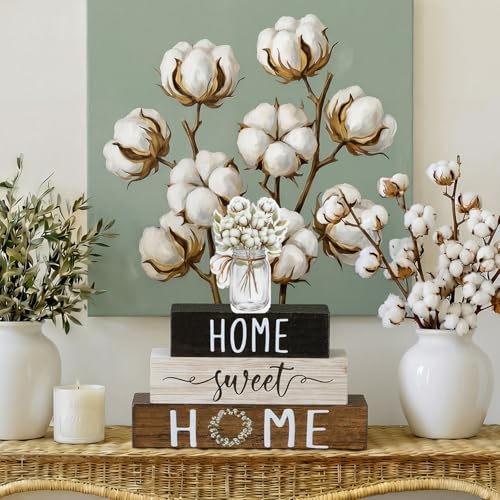 Cinnvoice 4 Pcs Farmhouse Wooden Tabletop Decor Cotton Summer Tiered Tray - style: Cotton