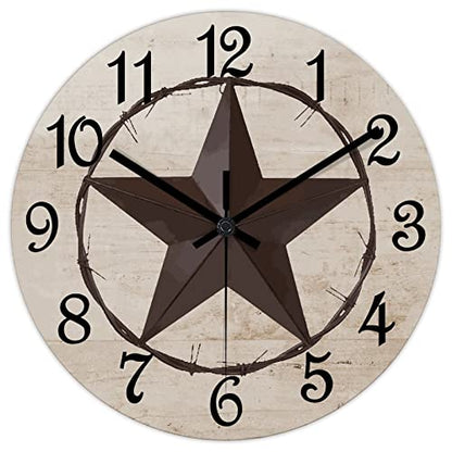 Round Farmhouse Wall Clock Western Texas Star Classic Style Wood Clock Silent Non-ticking Battery Operated Easy to Read Antique Wall Hanging Desk Clock for Living Room Kitchen Farmhouse 12 Inch - color: Style, size: 12in