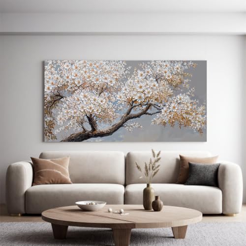 Modern Elegant White Flower Tree Of Life Wall Art For Living Room 24x48 In - color: HX5A, size: 48"L x 24"W