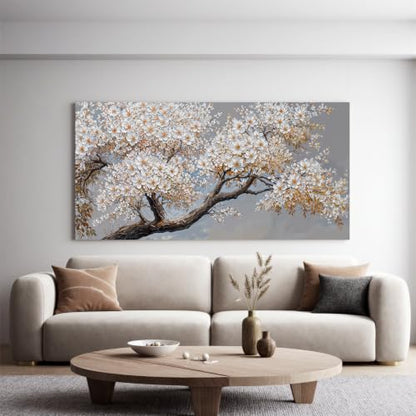 Modern Elegant White Flower Tree Of Life Wall Art For Living Room 24x48 In - color: HX5A, size: 48"L x 24"W