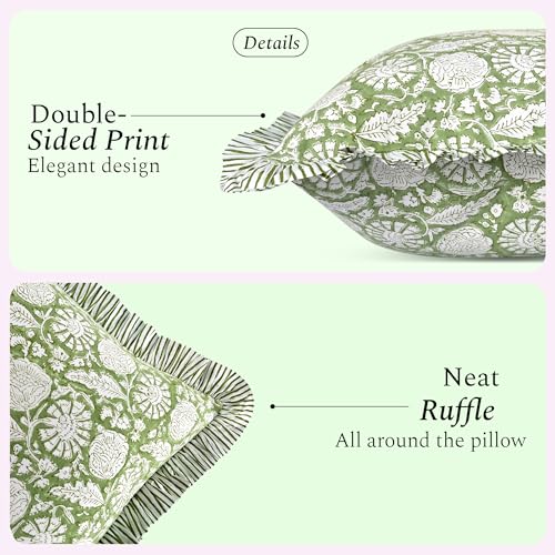 CPC Olive Bloom Block Print Ruffle Pillow Cover 18x18 Inch, Pack of 2 - color: Olive Bloom, size: 18" x 18" (Pack of 2)