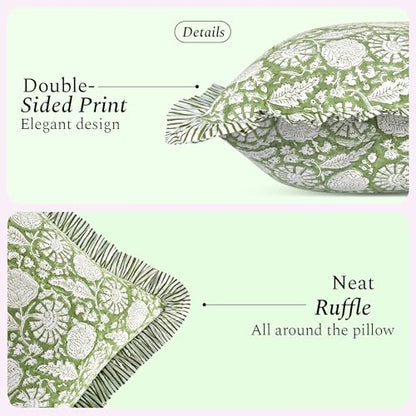 CPC Olive Bloom Block Print Ruffle Pillow Cover 18x18 Inch, Pack of 2 - color: Olive Bloom, size: 18" x 18" (Pack of 2)
