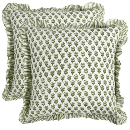 CPC Emerald Green Block Print Ruffle Pillow Cover 16x16 Inch, Pack of 2 - color: Emerald Green, size: 16" x 16" (Pack of 2)