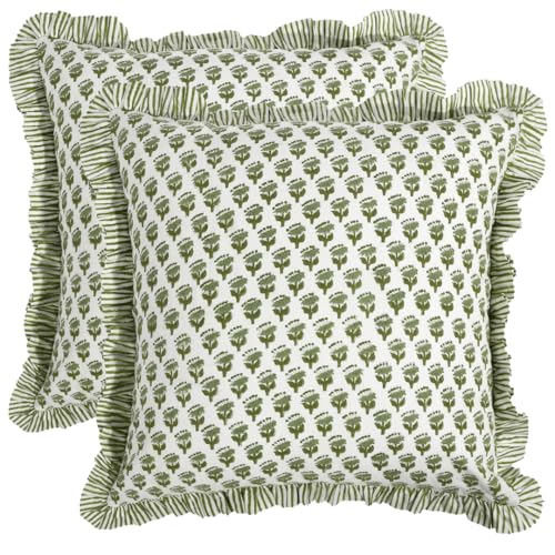 CPC Emerald Green Block Print Ruffle Pillow Cover 18x18 Inch, Pack of 2 - color: Emerald Green, size: 18" x 18" (Pack of 2)