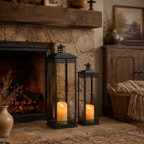 Large Lanterns Decorative Indoor, 2 Pcs Black Floor Lanterns with Candles - size: 23in and 17in