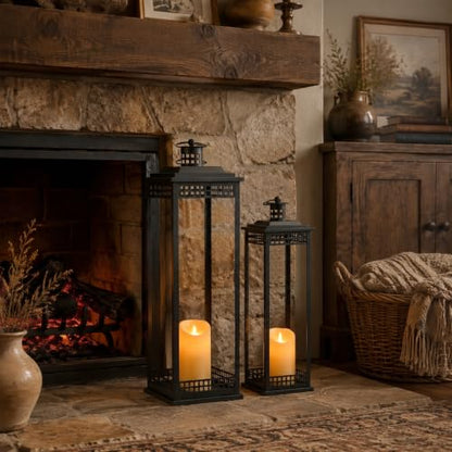 Large Lanterns Decorative Indoor, 2 Pcs Black Floor Lanterns with Candles - size: 23in and 17in