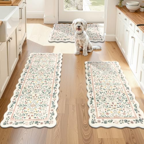 Yamaziot Boho Anti Fatigue Kitchen Rug Set of 3 Scalloped Beige & Pink - color: Beige & Pink, size: 17.3"x29"+17.3"x35"+17.3"x47"