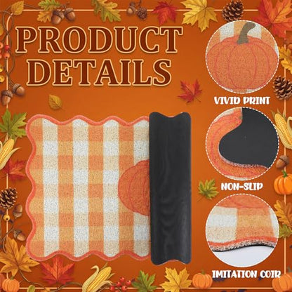 Fall Doormat Outdoor Pumpkin Orange White Gingham Welcome Scalloped Mat - style: Large Pumpkin