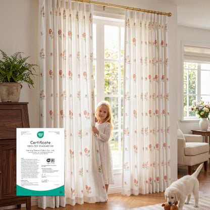 Pinch Pleat Linen Blend Curtains Beige Stripe Floral, 40"W x 90 Inches Long - color: Beige Stripe, size: 40"W x 90"L (Pack of 2)