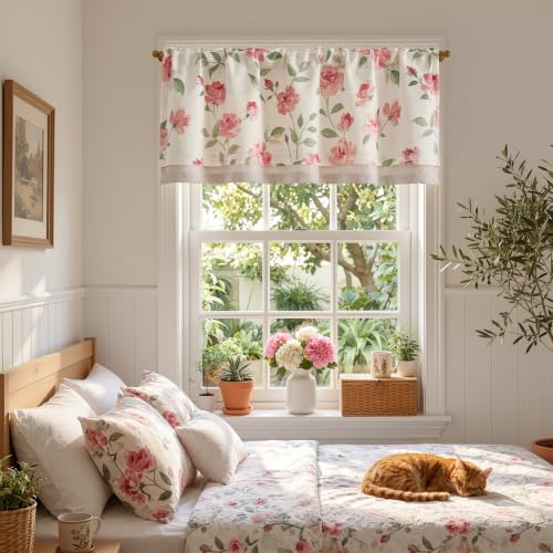 jinchan Blushfield Floral Linen Double Layer Cafe Curtains 18 Inch 1 Panel - color: Pink, size: 50"W x 18"L (Pack of 1)