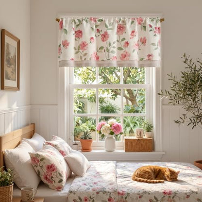 jinchan Blushfield Floral Linen Double Layer Cafe Curtains 18 Inch 1 Panel - color: Pink, size: 50"W x 18"L (Pack of 1)