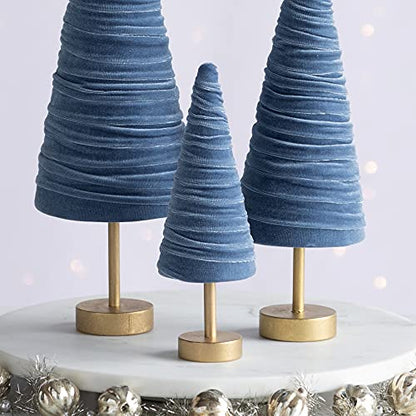 Slate Blue Pedestal Velvet Trees Set of 3, Artisan Mantel Accent, Boy Nursery, Valentine Tree Tabletop, Winter Table Centerpiece, Modern Shelf Decor (Slate Blue) - color: Slate Blue