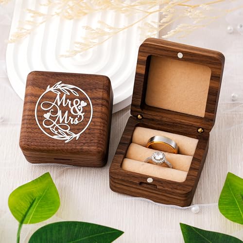 KWOOD Custom Wooden Wedding Ring Box for 2 Rings, Engraved Mr & Mrs Double Ring Holder for Wedding Ceremony Ring Bearer Box Anniversary Birthday Gift Ideas - style: S-Mr & Mrs