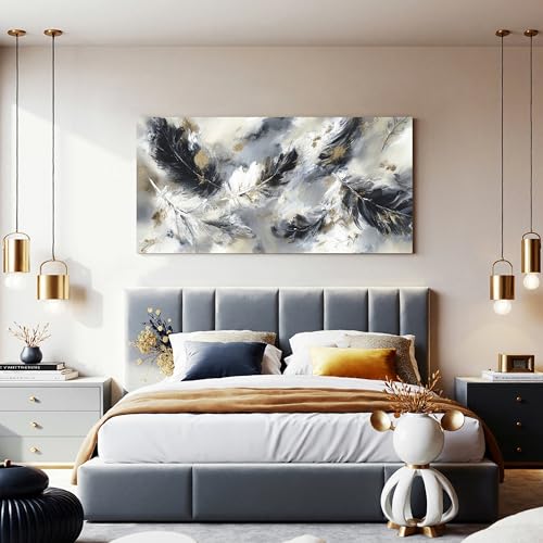 YISXINOAG Black White Abstract Wall Art Modern Feather Painting 20"X40" - color: black grey, size: 40"L x 20"W