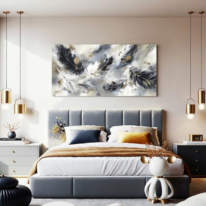 YISXINOAG Black White Abstract Wall Art Modern Feather Painting 20"X40" - color: black grey, size: 40"L x 20"W