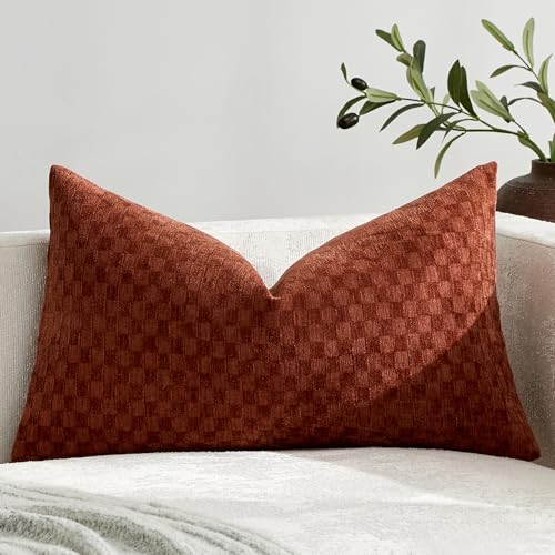 Croker Horse 12x20'' inches Chenille Plaid Throw Pillow Cover – Orange Textured 3D Geometric Grid Checkered Plaid Pattern, Soft Modern Farmhouse Boho Cushion Case for Sofa Couch Bedroom Living Room - color: Orange, size: 20" x 12" (Pack of 1)