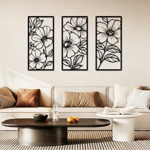 YIYA 3 Pcs Black Metal Flower Wall Art Minimalist Floral Line Art Sculpture 16.9" x 7.9" Rustic Iron Hanging Decor for Living Room Bedroom Bathroom - style: peony