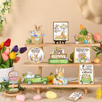 Amyhill 24 Pcs Easter Tiered Tray Decor Bunny Easter Spring Decorations Farmhouse Wooden Signs Gnome Egg Flower Tiered Tray Decor for Home Kitchen Coffee Bar Table Shelf - style: Delicate Easter