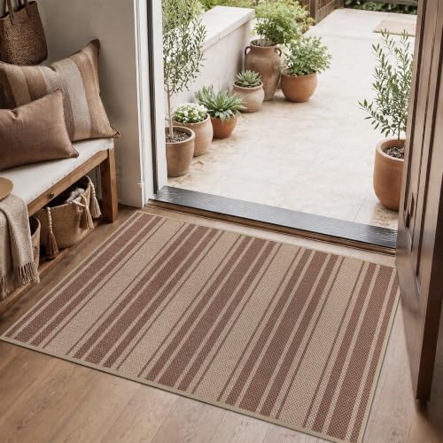 Easy Jute Kitchen Rug 2x3 Front Door Mat Washable Non Slip Entryway Rug Farmhouse Neutral Low Pil Carpet for Entryway Proch Doorway - color: Brown/Striped, size: 2'*3'(Rectangular)