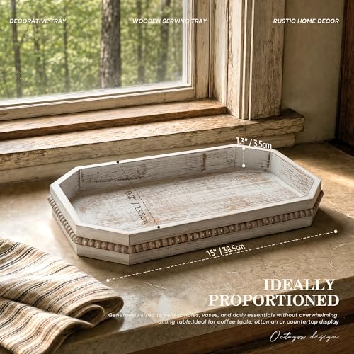 EOSAHR Pine Wood Decorative Tray: Serving Tray for Home Decor, Whitewash - color: Distressed White