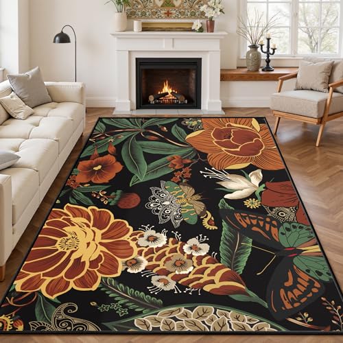 Tyrot Vintage Black Boho Floral Living Room Rug, 5x7 Rug Flat Woven Washable Botanical Butterfly Area Rugs Ultra-Thin Non Slip Low Pile Carpet for Bedroom, Dining Room, Office - color: Mocha Noir, size: 5' x 7' (Rectangular)