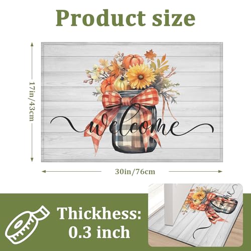 Fall Pumpkin Florals Indoor Door Mat Bow Jar Non-Slip Welcome Doormat Washable Decorative Mat Rug for Outdoor Entryway Kitchen Bathroom 17x30 Inch - color: Fall Pumpkin Florals Welcome