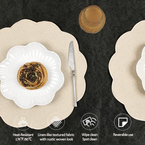 AHHFSMEI Round Scalloped Placemats Set of 6 15 Inch Faux Linen - color: Beige