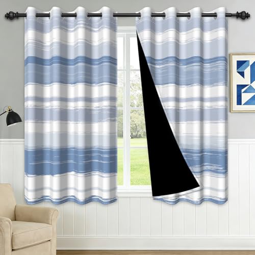 Blue White Abstract Stripe Blackout Curtains, Light Blue Watercolor Striped Room Darkening Grommet Drapes, Thermal Insulated Coastal Curtains for Bedroom Living Room, 52" W x 63" L 2 Panels - color: 06 Light Blue - Striped, size: 52"W x 63"L (Pack of 2)