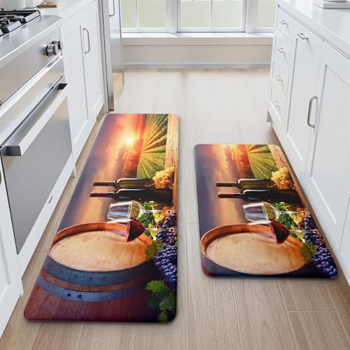 MAYHMYO Wine Country Kitchen Decor Mat Set, 2PC Kitchen Mats, Anti Fatigue - color: Grape Wine