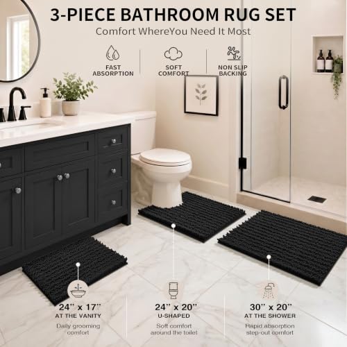 Yimobra Black Bathroom Rug Set 3 Piece, Super Water Absorbent Bath Mat Set - color: Black, size: 24"x17" + 24"x20" + 30"x20"