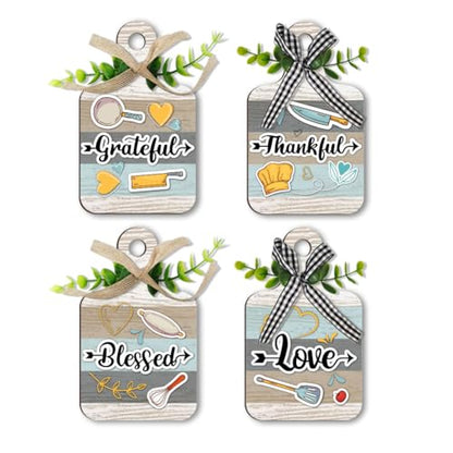 PH PandaHall 4 Styles Wooden Sign, Wall Decor Eat Wood Cutting Board Sign Love/Grateful/Blessed/Thankful Farmhouse Tiered Tray with Hemp Rope Hanging Wall Decor for Home Kitchen Dining Living Room Bar - style: Love/Grateful/Blessed/Thankful