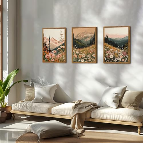 Framed Boho Colorful Wildflower Landscape Wall Art Set of 3, Vintage Floral Mountain Wall Decor Paintings, Nature Flower Pictures Canvas Prints for Living Room Bedroom Office 12x16 inch - color: Wildflower, size: 16"L x 12"W