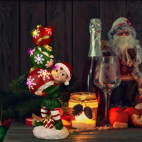 YUETJIN 12" Christmas Elf Figurine with Color-Changing Stacked Ornaments