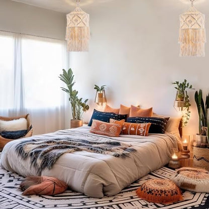 Boho Plug in Pendant Light, Handmade Macrame Hanging Lamp Shade - size: BOHO-04