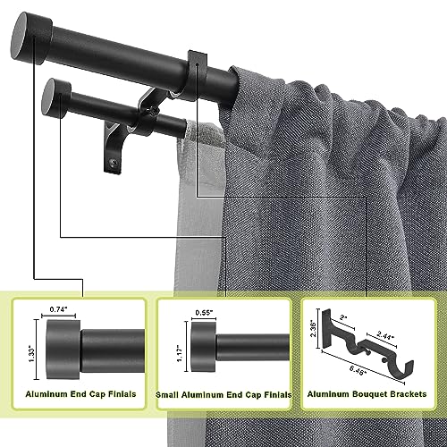 Double Curtain Rods for Windows 36-72 Inches, 1'' Front and 5/8''Back Double Drapery Rods with Premium Aluminum Brackets and End Cap Finials, Adjustable Matte Black Double Window Curtain Rod - color: Matte Black, size: 36-72"